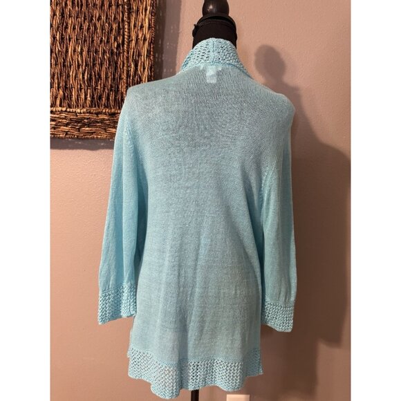 Chicos 3 Open Knit Cardigan Sweater Turquoise Blue Linen Shawl Collar Open Front - Picture 3 of 9